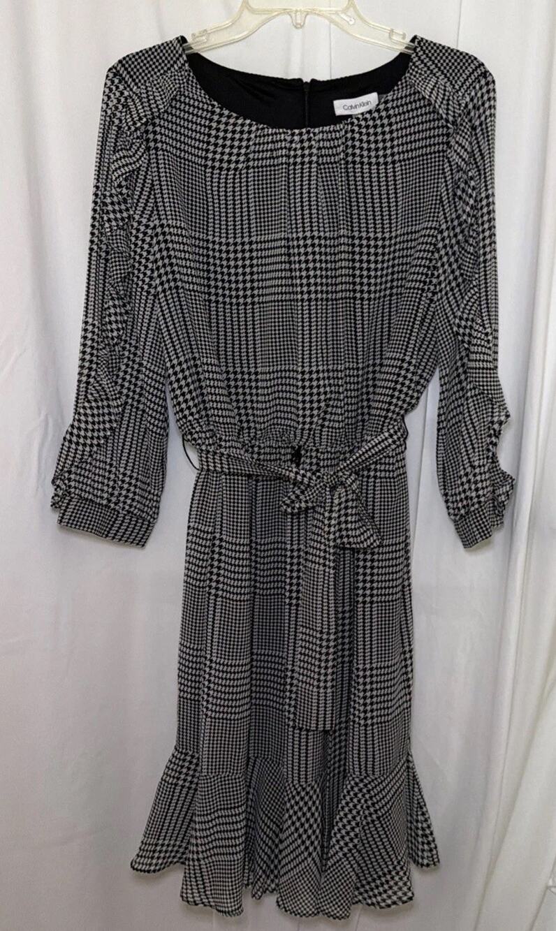Calvin Klein 14 Black White Long Sleeve Ruffle Dress Houndstooth Gauzy NWT